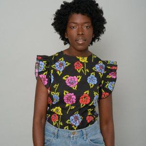 nooworks ruffle top, roses, medium NWT